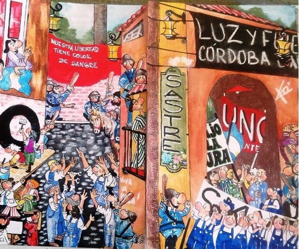 Ilustración de Karina Beltrán El Cordobazo, se observan personas con mamelucos azules y otras más jóvenes con delantales blancos. Otros hombres con cascos y palos están frente a ellas